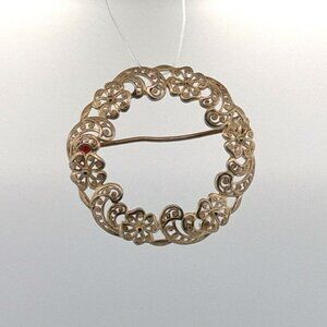 Estate Sterling Silver 925 Filigree Floral Wreath Circle Brooch Pin Germany 4.7g